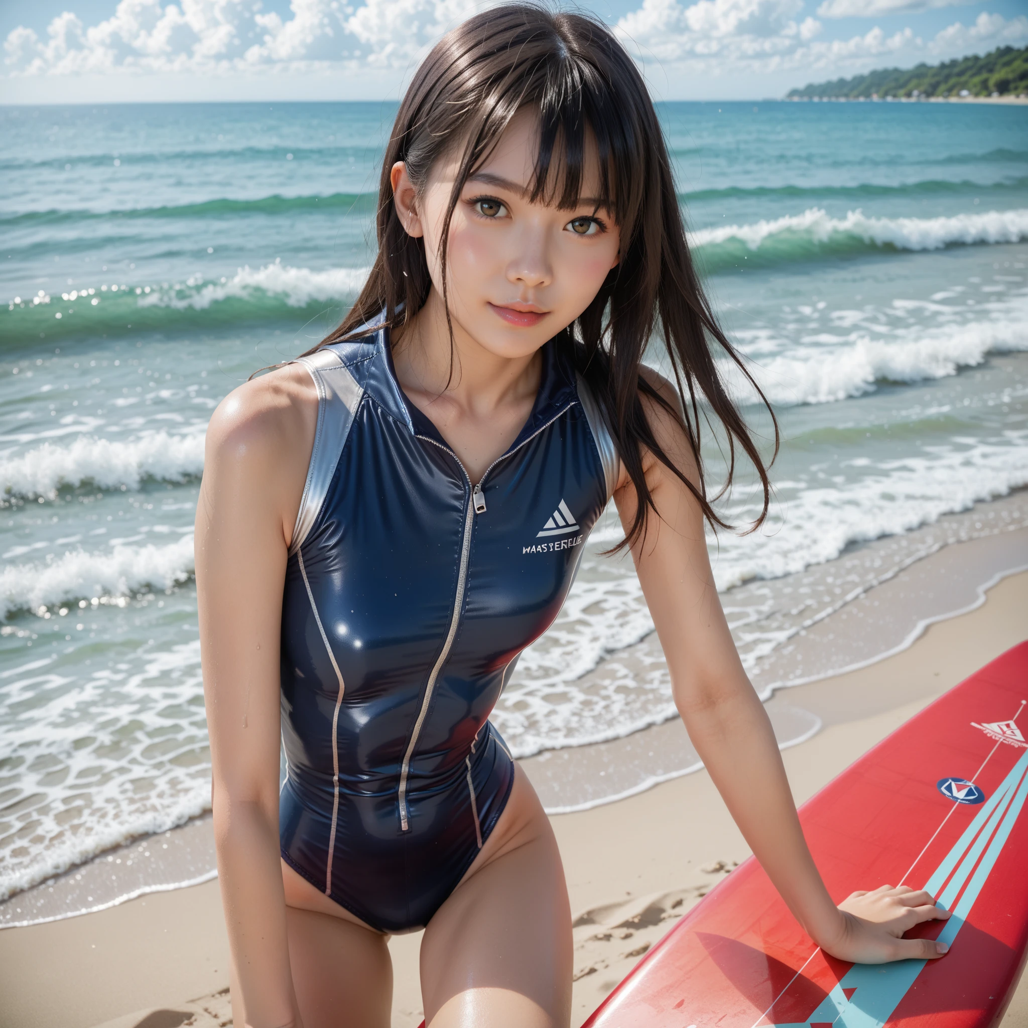 (masterpiece:1.3), High resolution, Super detailed, Highly detailed CG Unity 8k wallpaper, Realistic, photo-Realistic, RAW Photos, Beautifully detailed face, Pale skin, Realistic glistening skin, Detailed cloth texture, Detailed hair texture, Supermodel, Beautiful Face, Accurate, Anatomically correct, Highly detailed face and skin texture, Natural neck length, (Beautiful Hands), (Fair skin:1.2), Thin legs, Thin legs, ???? thighs, break, Fine grain, Symmetrical eyes, Light brown eyes, double eyelid, Thin eyebrows, (Glossy Lips:1.4), (A kind smile:1.2), (blush:1.1), break, (Very cute girl:1.3), (Wearing a lightweight wetsuit with a crop top over a gold floral micro ??????:1.2), (?????????????:1.2), Cleavage, (Hard ?????:1.2, Shapely ???????:1.2, Slim figure:1.1), Toned Abs, (Dark brown hair, Wavy Hair, Medium Long Hair:1.2), ((Asymmetrical bangs:1.2)), break, ((Ride a jet ski:1.3)), ((Sea:1.2)), (Upper Body Shot:1.2), ((From below:1.3)),Beautiful young woman taking a selfie, Taken with iPhone camera、Swedish beauty,Long Hair((スポーツSwimwear:1.3)), Swimwear,