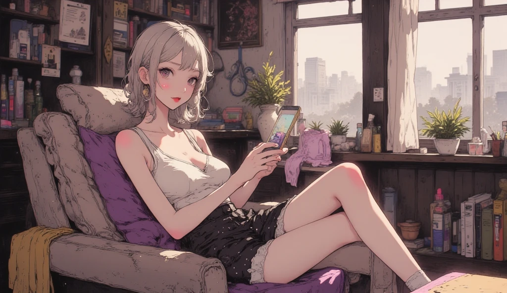 masterpiece, ultra sharpness, best quality, full HD, best resolution, very accurate, amazing art, night theme,plant, potted plant, star \(sky\), window, night, indoors, starry sky, pillow, solo, scenery, light particles, 1girl, (16 year old young girl), medium breast , long hair, silver hair, luminous blue eyes, black hair band, sitting on a chair, holding a cell phone, girl looking at a cell phone, close mouth, White underwear, white bra, , red sneaker, neon light, (embarrased face)