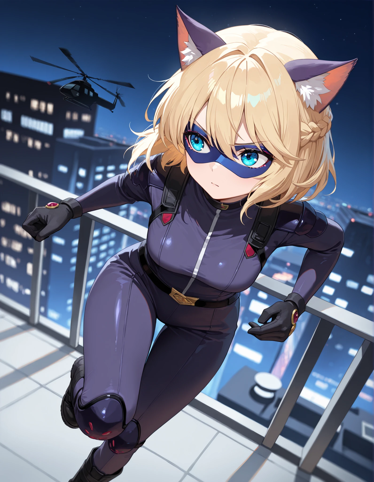 masterpiece, best quality, high resolution, intricate details, detailed background, professional, 8k, solo, solo focus, 1girl, young adult female, blonde hair, short hair, braid, aquamarine eyes, cat ears, animal ears, cat girl, cat burger, dark purple catsuit, black combat boots, black gloves, (blue eye mask), dynamic sneaking pose, museum rooftop, midnight, night day, midtown manhattan, looking away, concerned yet cautious expression, V-shaped eyebrows, helicopter in the sky searching for her, suspense illustration, depth of field, ideal composition.