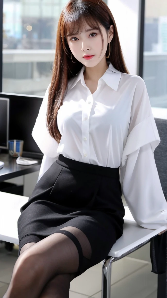 (masterpiece), ((best quality)), (masterpiece,best quality,official art,Highly detailed CG Unity 8k wallpaper), (the most noble and beautiful), (pieces fly away), (Highly educated female),beauty photo, female,alone,(Elegant upper class super elite secretary wearing business shirt),perfect look,double eyelidの目,delicate makeup, working in the office,Wearing strict menswear, (Wear pantyhose),Wear quality heels,girl in shirt, Wore a suit, huge tits,Full Body Sbian,Wore a suit, Wore a suit, merchant, business clothes, wearing a black suit, Please wear a shirt and skirt., Wore a suitfemale, menswear,computer chair,sit down,Alan'foot,high heel,View viewer,Brighter,intricate details,foot focus,((Filmed from below)),wonderful beauty,(tall woman),dark brown hair, small earrings,face, Accurately expresses details such as skin texture,(Your face and eyes are the prettiest), double eyelid,sensitive skin,slim body,alone,big bust,(Wearing the most beautiful and noble small earrings), Silk blouse, glossy black pantyhose