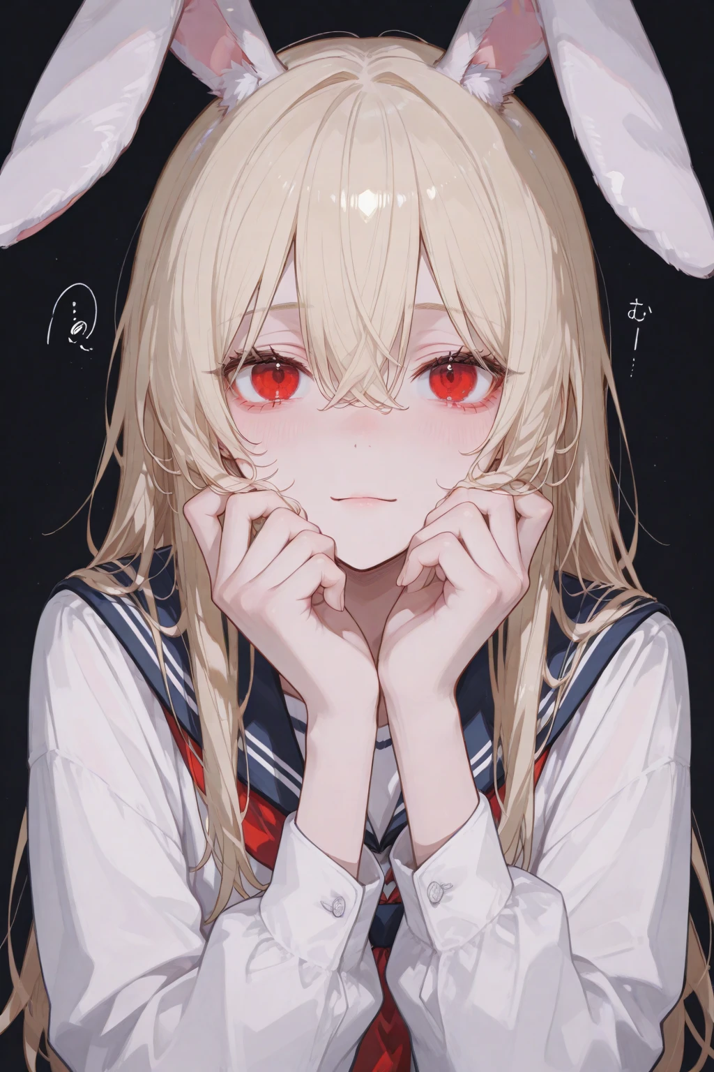 *a , on a black background,blonde hair, slightly dirty white clothes, looks at the viewer, yellow slightly long hair, blood on her face, one eye is injured, a sad and gloomy expression on her face, holds a white rabbit toy in her hand*