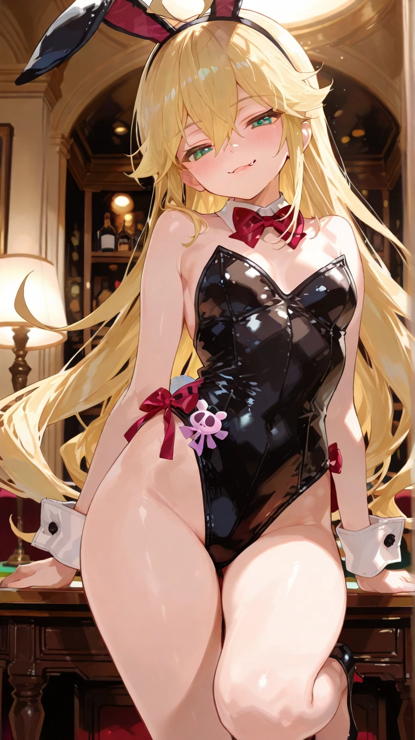 meltryllis (fate), 1girl, solo, long hair, breasts, looking at viewer, bangs, thighhighs, ribbon, animal ears, bare shoulders, tail, monochrome, hair ribbon, boots, detached sleeves, tongue, tongue out, rabbit ears, speech bubble, leotard, sleeves past wrists, fruit, fake animal ears, playboy bunny, rabbit tail