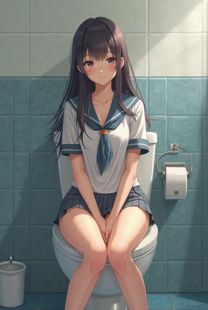 Cute girl sits in the toilet  