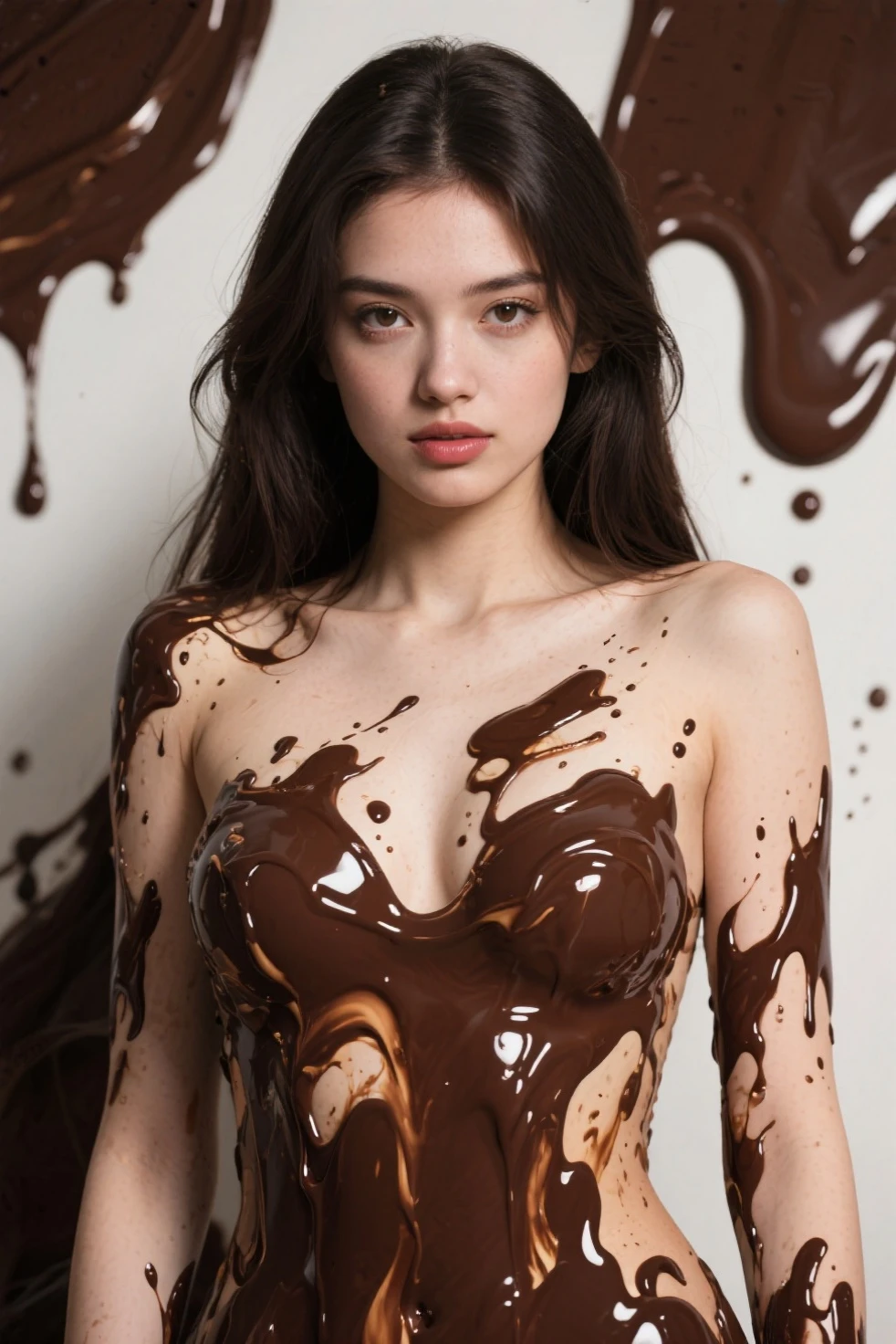 Asian teenager, portrait photo, beautiful details, detailed eyes, detailed face, intricate details, extreme realism, 8k, HD, mascara, winged eyeliner, lipstick, white dress, cleavage, chocolate, chocolate syrup on chest, chocolate syrup on hair, blood on face