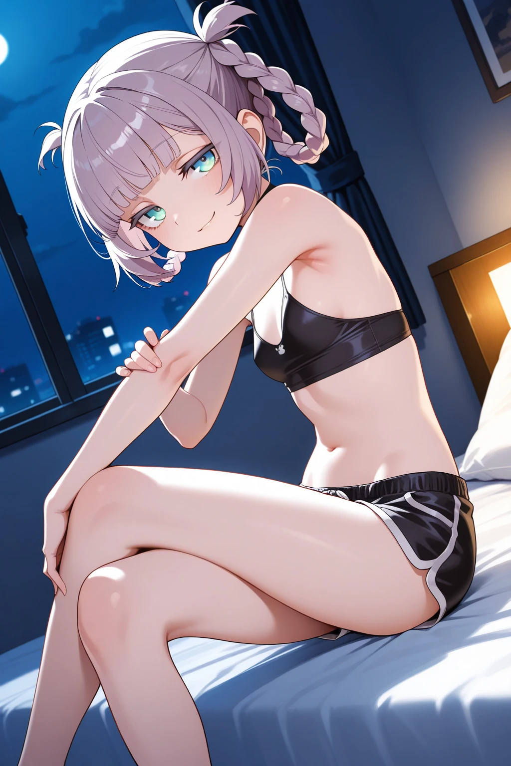 ((8k, Highest quality, masterpiece: 1.3)),Ultra-high resolution,(1 girl, alone), (Color changing eyes, Ultra-detailed, Expressive brilliance, Glitter, Glowing Eyes), Highly detailed eyes, Highly detailed face, Random Hair, ((pastel colour)),A serene young woman with pastel lilac hair styled into loose waves, lying on her bed in her peaceful bedroom during a quiet morning. She is wearing a soft cream bikini, and the back tie of her bikini top has loosened. She’s gently reaching behind her to retie it with a calm and focused expression. The camera captures her from a low, side angle, focusing on the smooth curve of her back and the soft, morning light that creates a warm and serene atmosphere in the room.