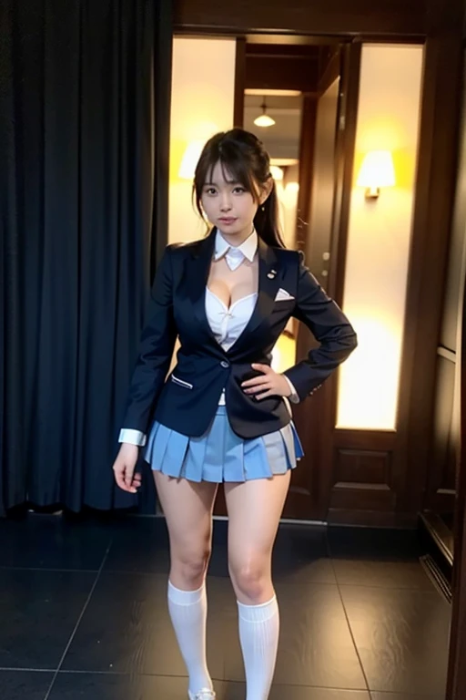 (((she is in a bikini)))、masterpiece、超High resolution、She is very cute and young like an idol...々Cute 18 year old business woman、((She is about the height of a middle school student.))、Gentle and cute、A kind smile、Medium Bust、Working in an office with a business desk in a building ((He is having a conversation with a male employee wearing a suit.)). whole body、RAW Photos、Genuine、High resolution、Live Action