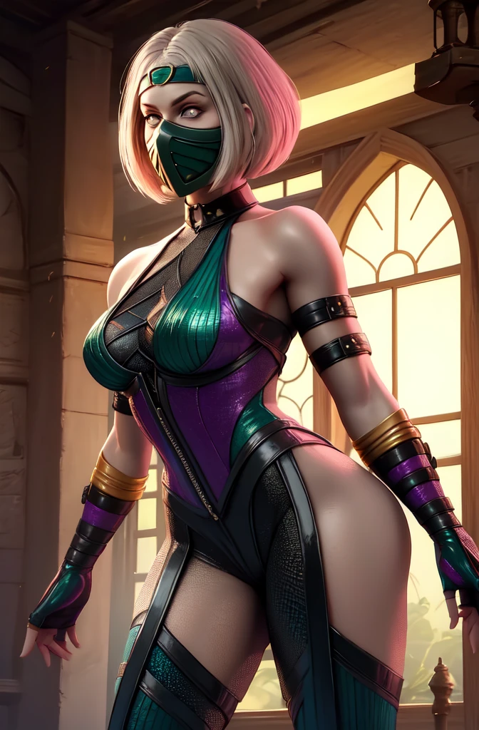  Generate an illustration of a mature Nina Williams, 1girl, looking slightly to the side, laying on knees, view from behind, perfect ass, ((Tekken)), blonde hair , (aletta ocean face), de terno preto, (bikini:1.3), ponytail hair, (large breasts:1.4), in anime format with a serious style, (purple camo bodysuit), ((purple bodysuit)), boots, gothic make up, masterpiece, ((dark lighting)), black background, (puffy lips),((slendered abs)), beautiful face,