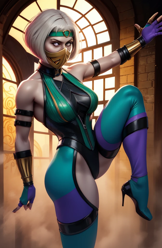 Arbok as woman, ( woman: Asian, 40 years old, purple ninja kimono, (cobra cosplay: collar and wide hood, cobra long tail), (ninja fan: tessen, held in the hand, large, black red and yellow patterns, in the shape of a skull), changeable and dangerous), darkness, Pokemon style