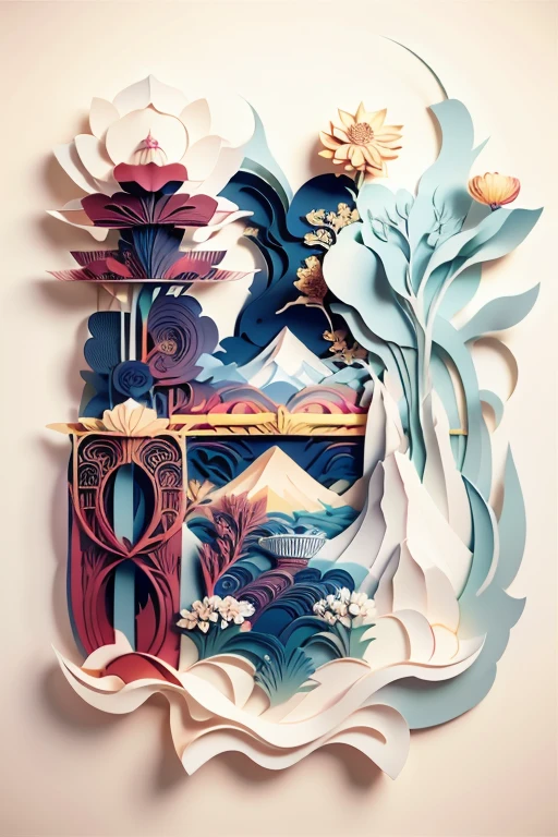 3D relief, meticulously carved, ivory carving, Chinese illustration on white background, pastel, traditional Chinese style, oriental landscape painting, multidimensional paper fog crafts, paper illustration, super wide angle view, dreamy, 8K, romantic, high resolution, 8k