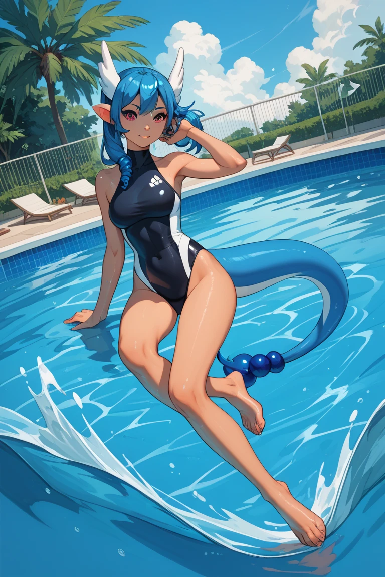 (Masterpiece) (High Detail) (High Res) A close up of a short humanoid girl with pale human skin and blue eyes and long blue hair and blue dog ears and a fluffy blue dog tail and average breasts. She is in a school swimming pool and is wearing a one-piece swimsuit. She has her hands behind her back out of shot. She has blushing cheeks and looks shy.
