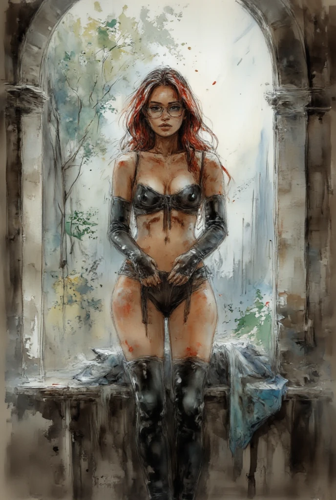 a sexy woman rests peacefully, four swords adorn the wall (art inspired by Bill Sienkiewicz)