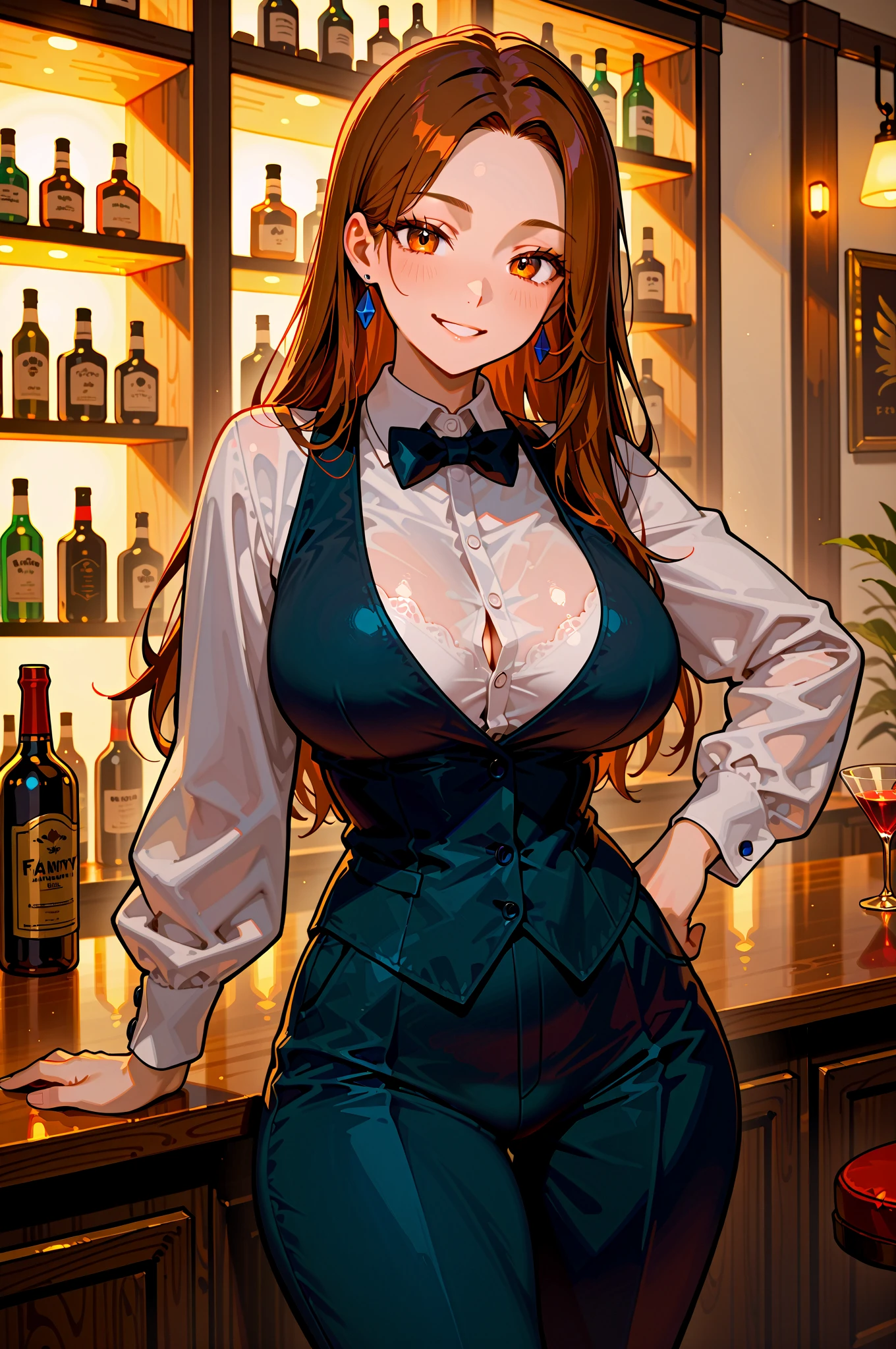 1girl, natural lighting, masterpiece, highly detailed, illustration, game CG, absurdres, high quality, aichan, large breasts, beautiful detailed eyes, short brown hair, side braid, collarbone, waistcoat, short pencil skirt, thigh highs, sleeveless, hostess club, wine bar, welcoming