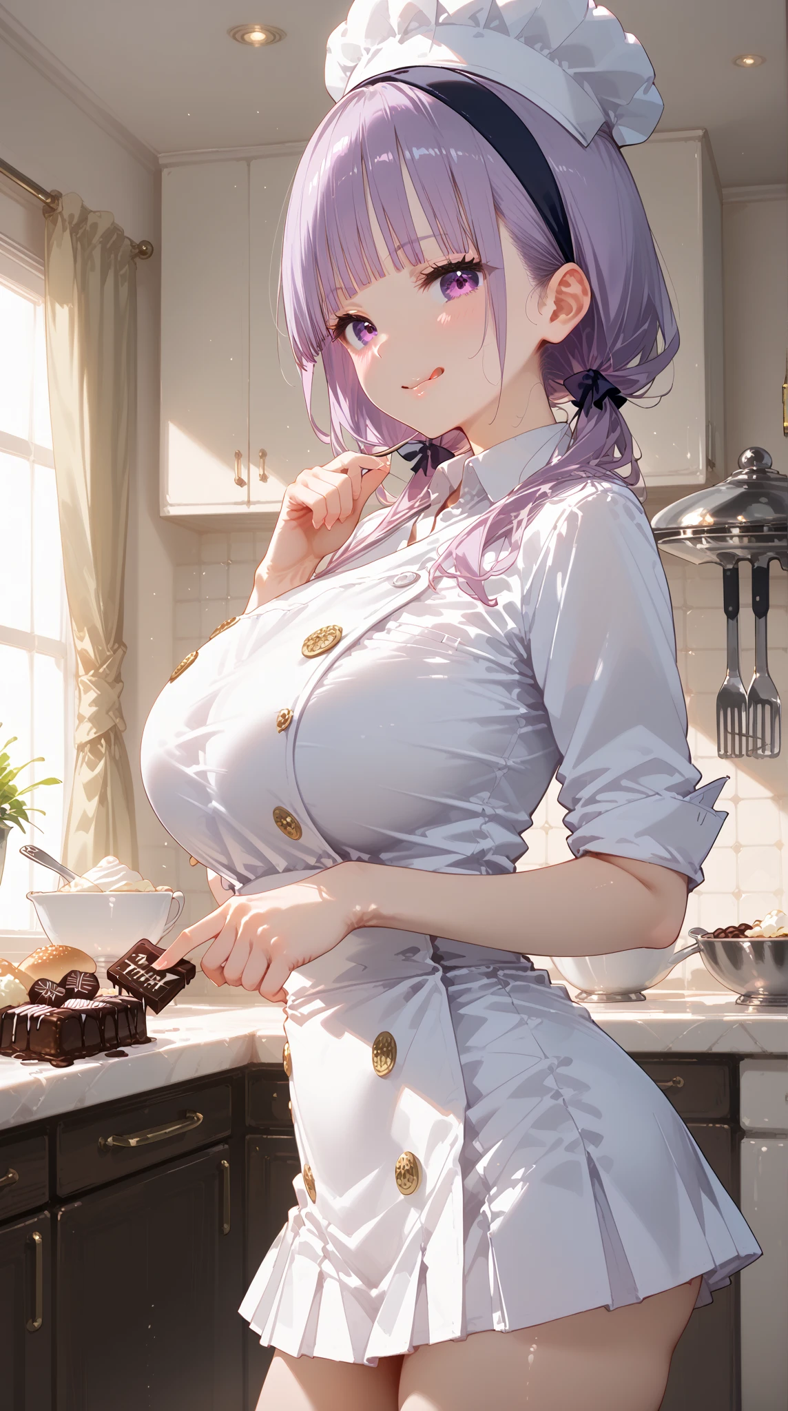 独奏, Female, sleeved, Japanese, アニメ, cake, silver hair, (short cut), high school girl, ((tareme)), [big eyes], black iris, light blue eye, tall, [[curvy]], japanese idol,  cleavage, ((masterpiece)), ((high resolution)), ((best quality)), (ultra-detailed), ((extremely detailed)), hairband、uniform、skirt lift
