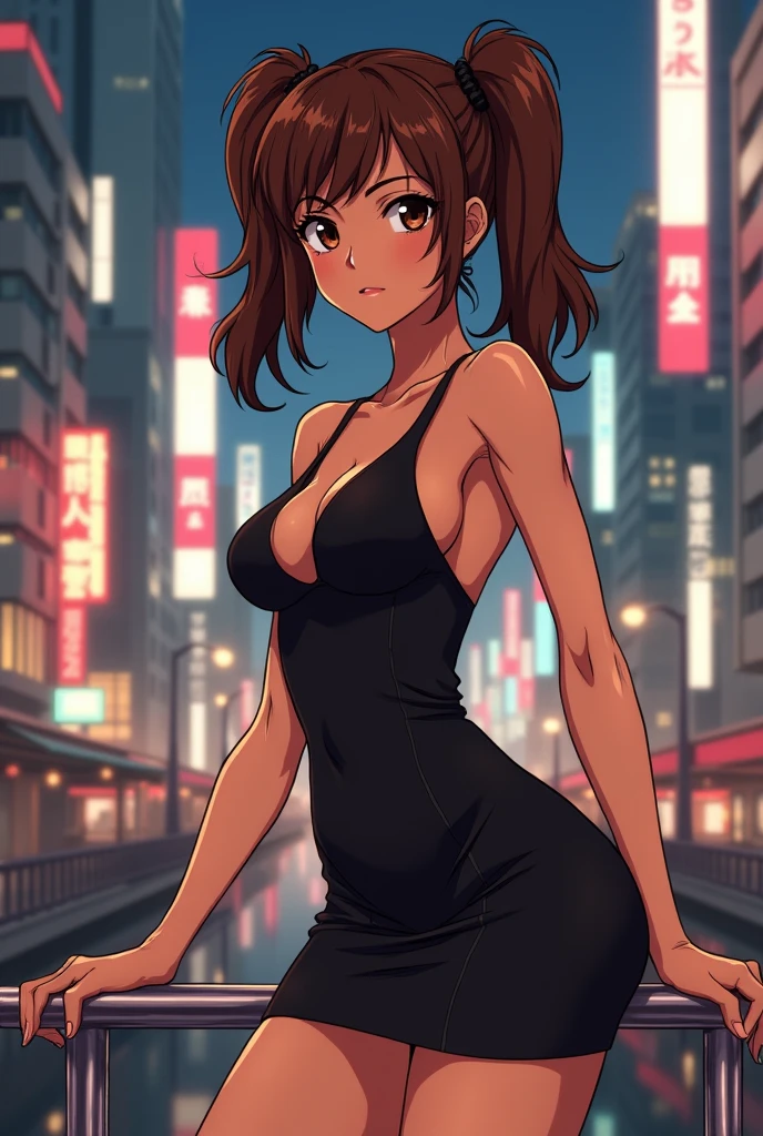 ((4K, UHD, Top Quality, Masterpiece: 1.2), (Realistic, Photorealistic: 1.37), Ultra Detail, (Tokyo, Busy Street, Nighttime: 1.2), scenery, Professional Lighting, Photon Mapping, Radiosity, Physically Based Rendering, Masterpiece, Rich Detail, (Fine Face), (Fine Eyes), (Clear Face), (Detailed Face Description), (Detailed Hand Description), ( masterpiece), realistic, extreme light and shadow, shiny skin, shiny hair, one girl, 18 years old, Japan, crowd, surrounded by crowd, cute, (smile, happy:1.3), (gradient brown hair, short hair, bangs:1.2), small tall, (slender:1.2), double, disheveled hair, fine clavicle, clavicle, (dynamic pose, full shot: 1.3), (black gown, night gown: 1.2), face focus, night time,