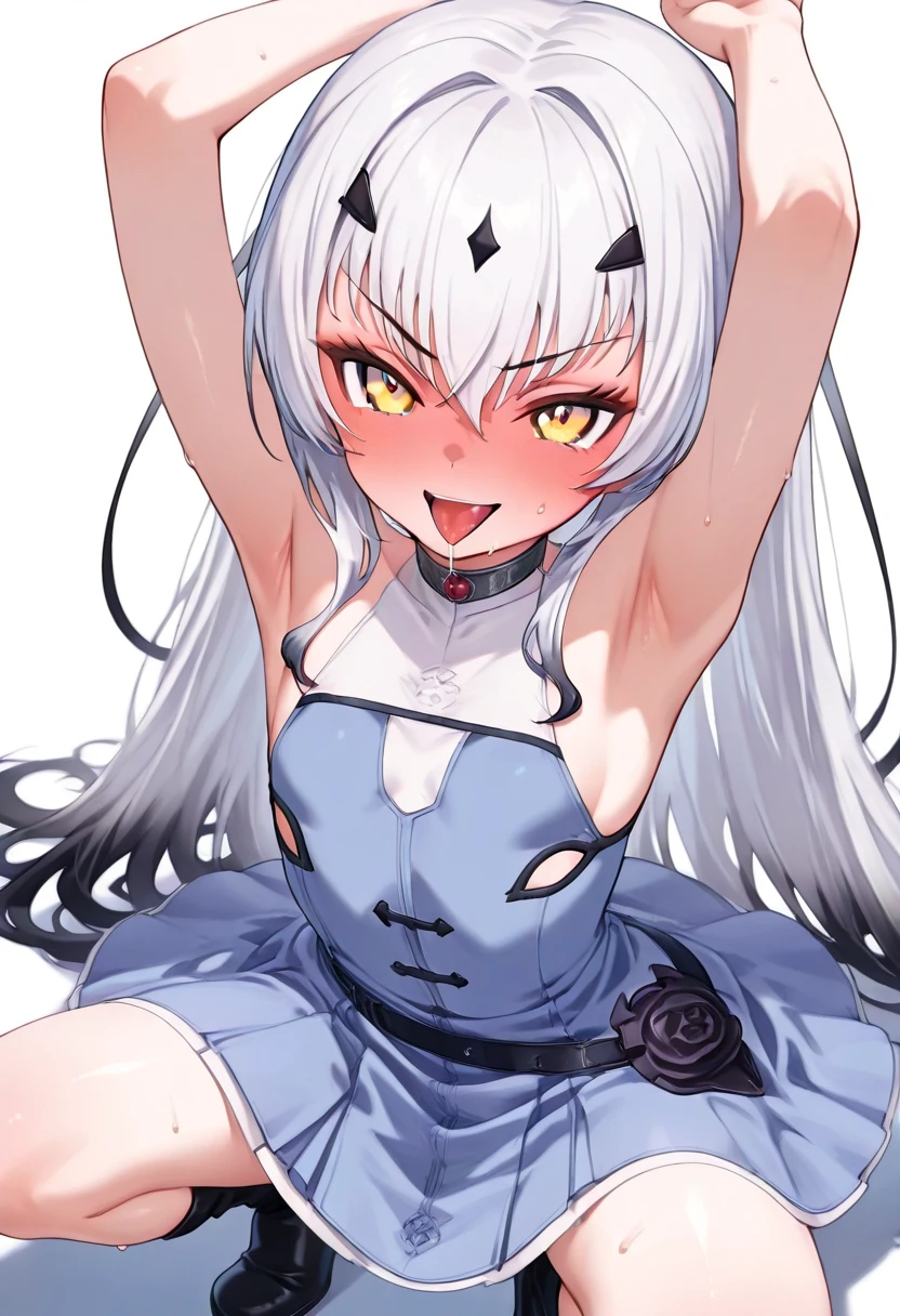 masterpiece, best quality, kitsune 1girl, solo, beautiful kitsune woman, fox ears, bangs, white hair, very long hair, blue eyes, grin, medium breasts, black choker, black bra, black panties, 5 white fox tails, white hair, cowboyshot, looking at viewer, making a hart shape with there fingers in front of there lower abdomen