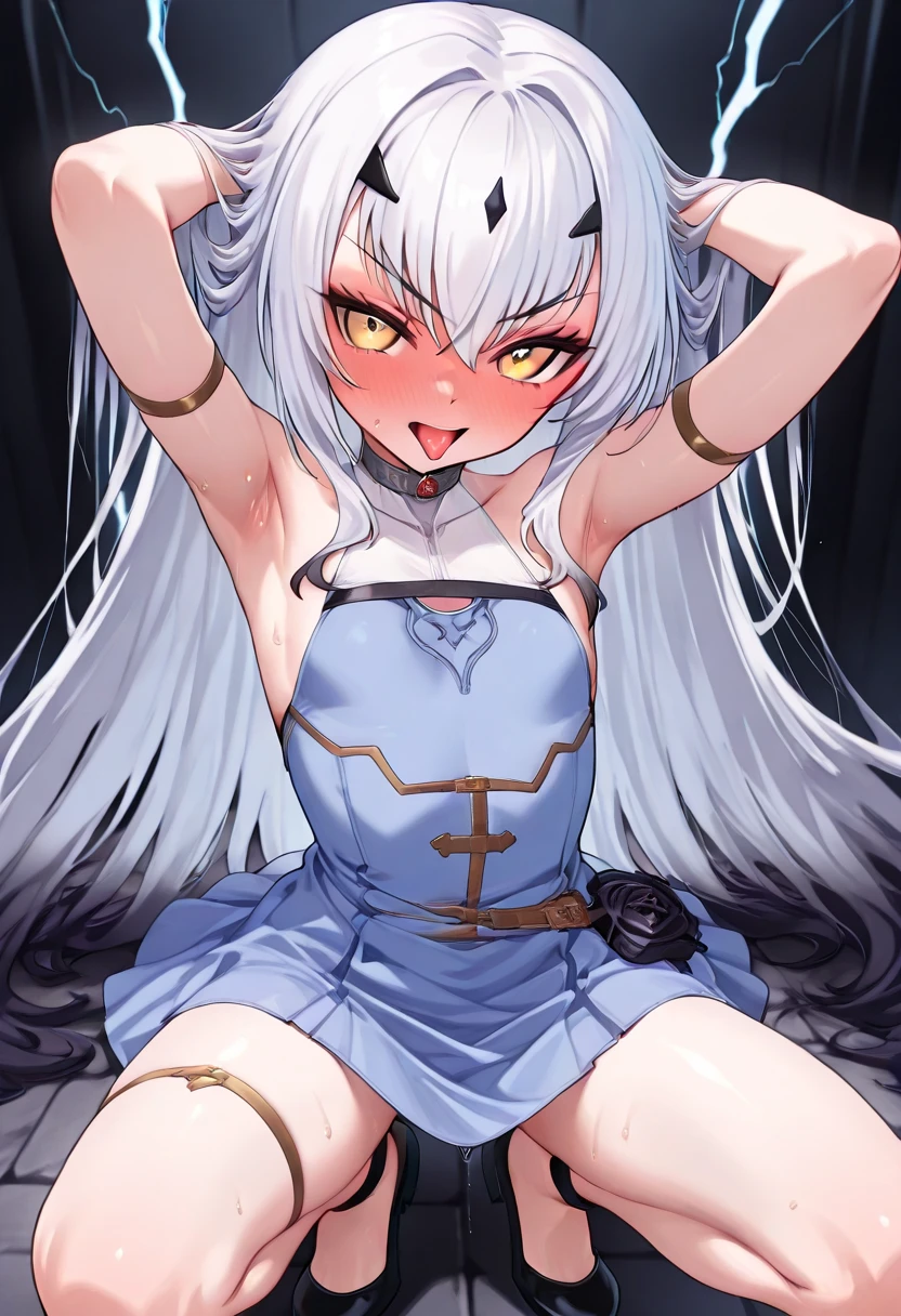 score_9, score_8_up, score_7_up, score_6_up, score_5_up, score_4_up,
Masterpiece, Beautiful, best quality, source_anime, <lora:xl_more_art-full_Add:0.8>,
by asanagi, \(asanagi\), digital art, digital painting, shiny skin, soft shading, pale white skin, <lora:Asanagi_Style_Pony:1>,
white hair, red eyes, hair between eyes, very long bangs, extra pupils, long braid, single braid,
small breasts, slim waist, slim muscle,
hooded dress, white dress, wide sleeves, off shoulder, bare shoulder, collarbone, red choker, thighhighs,
contrapposto, shiny skin, skindentation,
grin, smug, evil grin, blush,
sitting on a throne, throne room, castle, wide wide_shot, sitting, crossed legs,