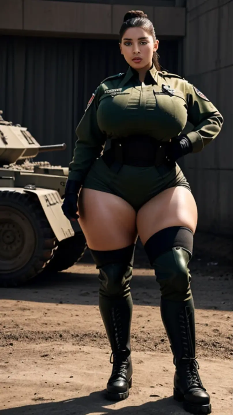 (best quality,8k,highres,masterpiece:1.2),Ultra-detail,realisti, photorealestic, naturally, 基于物理的渲染, colorful, Full body shot, redhead, Ganzkörperbild vorderransicht einer muscularen lady, 33 years alt, shaved hair, wears a green beret, Army, Camouflage clothing, hautenge olivgrüne Camouflage clothing, black overknee boots, standing in front of a tank, female, 33 years, 200 cm large, large, powerful, sweaty, muscular, roundish, curvy, Oversize, Overweight, thick lips, Hourglass figure, huge breasts, sehr largee Brüste, massive wide hips, slender waist, Wespentaille, largeer Hintern wie ein Pferd, bubble butt, strong thighs, massive thigh, long legs, warm-hearted, roundish, curvy, Oversize, Overweight, thick lips, touches the breasts, smiling,