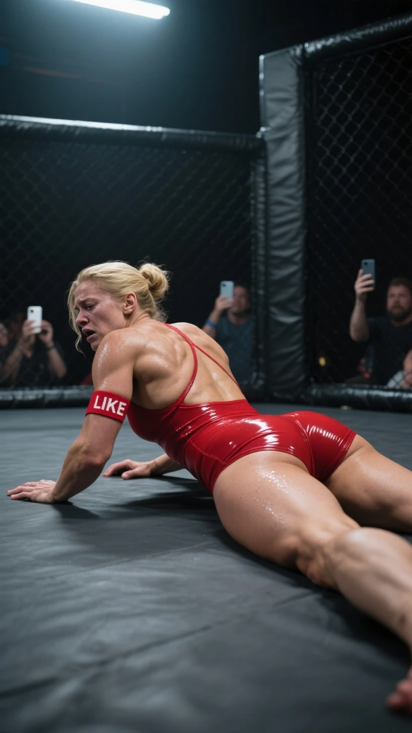 A very athletic looking blonde girl drenched in sweat wearing a blue bikini looking very upset kneeling in a wrestling ring