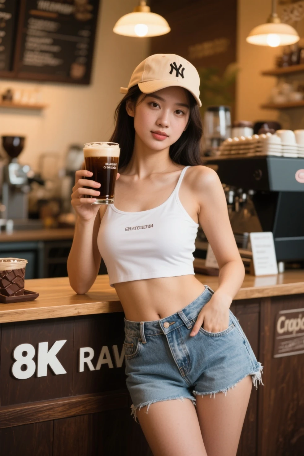 ((best quality, 8k, masterpiece :1.3)), (sharp focus :1.2, Beautiful woman with perfect body :1.4, slim abs :1.2), ((big bust, emphasize division:1.3)), (Photorealistic:1.4), (realistic:1.4), (long wavy hair, light brown hair:1.5), Highly detailed face and skin texture, fine particles, double eyelid. makeup face, a little lipstick, Sex appeal, sexy etching pose, ((Strap tank top and denim mini skirt、Cafeteria in the background、She poses with her camisole down, exposing her shoulders, and holding a coffee cup......。:1.3)
