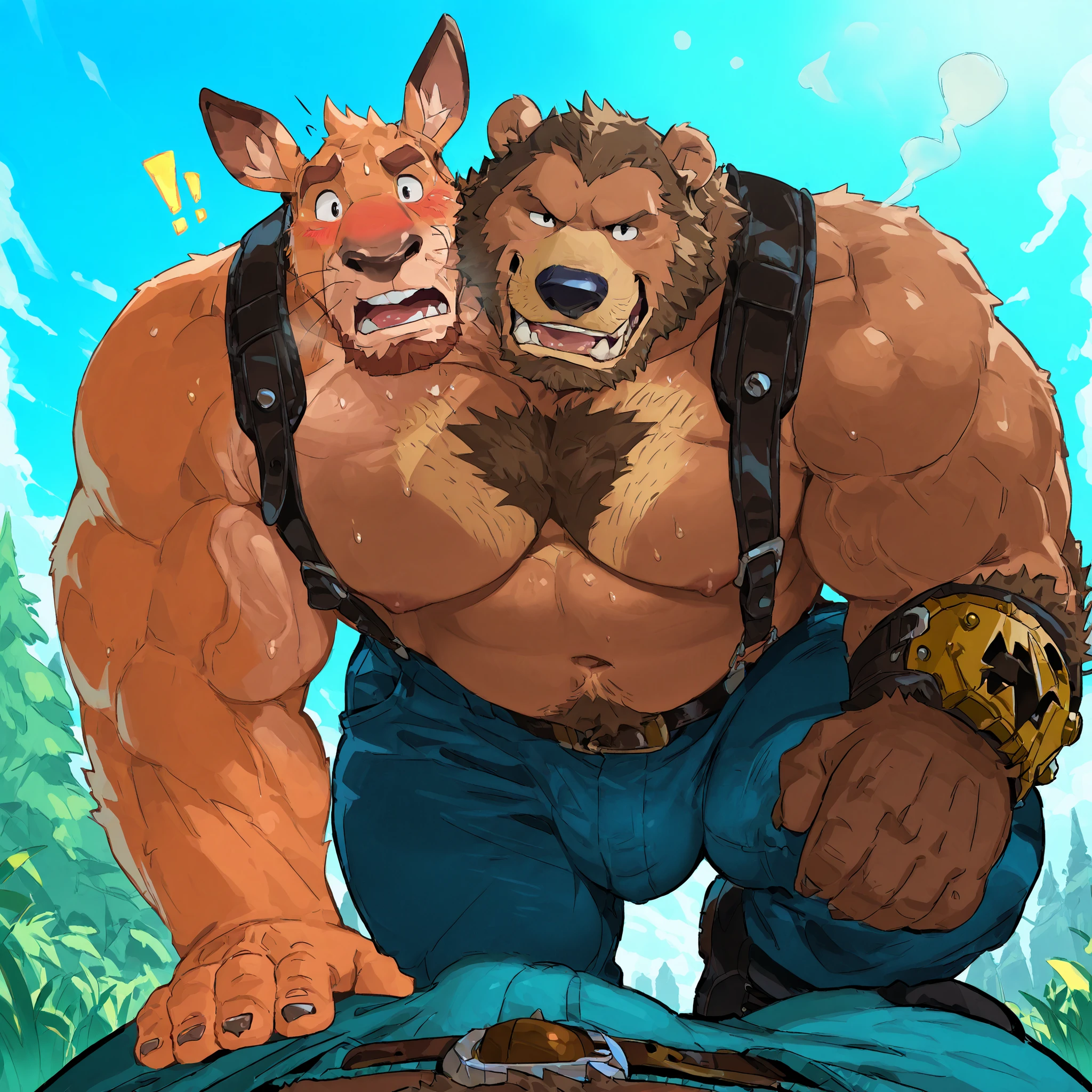 (hairy bear and fat kangaroo conjoined)), handsome, one head is very fat, half muscle, half fat, walking, lumberjack, outside, on knees, sucking cock, blowing viewer, pov, bulge, pants , underwear, wide shoulders, ((two heads one body)), two-headed , conjoined, black eyes, beard, father, shocked, eyes, adult, male, (thick body, correct hands), (best quality, detailed, 4k), score_10, teasing, adios, blushing, leather gear, standing, confident pose, wide shoulders, fat, hairy,