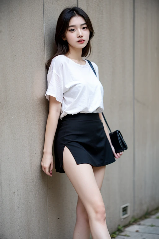 (((The shoulder strap of the shoulder bag is worn diagonally across the body..:1.4)))、((Viewing angle from below、Highest quality、masterpiece、32k、Every detail counts))、Descend the outdoor stairs、commute、whole body、Very tight camisole、Strong winds、(((A strong wind blows my hair and skirt away:1.62)))、、One Girl, alone、(((mini skirt, No underwear:1.22)))、Big Breasts、barefoot, High heels