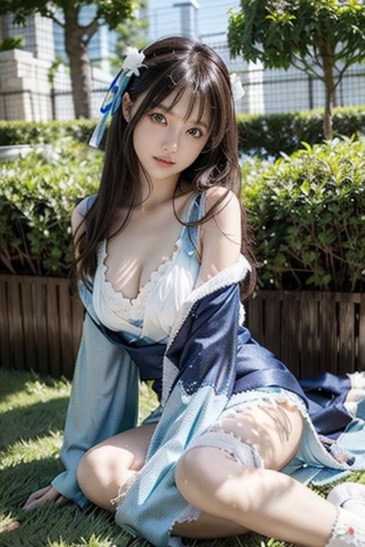 Fantasy artwork, Realistic fantasy art, epic fantasy art style, Amazing fantasy art, highly detailed fantasy art、Ultra high definition、masterpiece、correct、Anatomically correct、Textured skin、Very detailed、High detail、high quality、最high quality、High resolution、8k、Surrealism、Raw photo、whole body、Beautiful Teenage Woman、One Japanese woman、Big beautiful eyeedium chest、Ultra high definition、whole body、Beautiful Teenage Woman、Black long hair、(((Wear an off-the-shoulder blue yukata)))、(((Wear a white flared skirt)))、Sit by the lake、Sexy pose