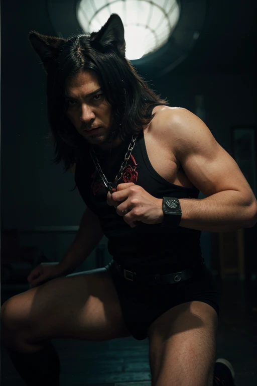 A half body, portrait of a boy band singer, captured in a solo shot, bondage on stage,  bondaged arms,  bondaged legs, shackles, bondaged by chain, with leash restraining him,  blue eyes, bare chest,  naval, navel hair, (well defined face, gentleman:1.3 ), (detailed face), (perfect detailed eyes, focus on eyes, bright eyes:1.1), focus on face,hyperdetailed HDR photography, taken at night and highlighting intricate details of his skin,  with a dynamic angle, captured in a high-detailed cowboy shot, exuding a melancholy emotion, featuring soothing tones and a contrasting mix of light and shadow, all while emphasizing the subject's hair, eyes, mouth, and action in a composition that is both pleasing to the eye and thought-provoking.