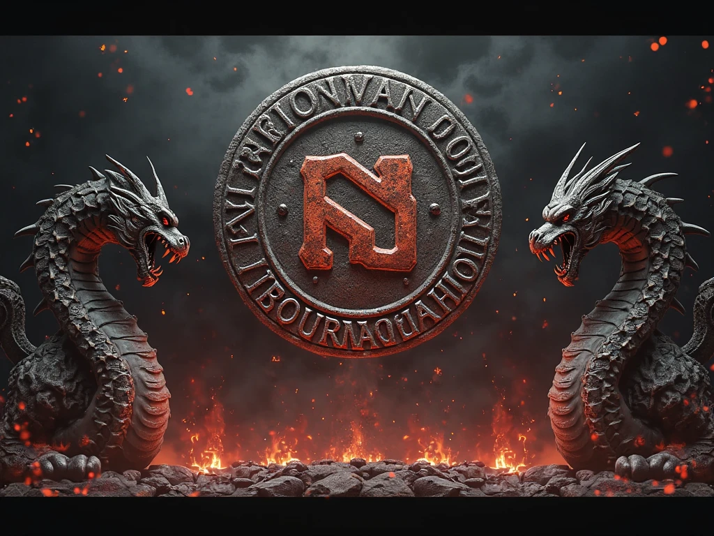 I want an image for a Store that says "R90 Comunity" in red with flames and a dragon background
