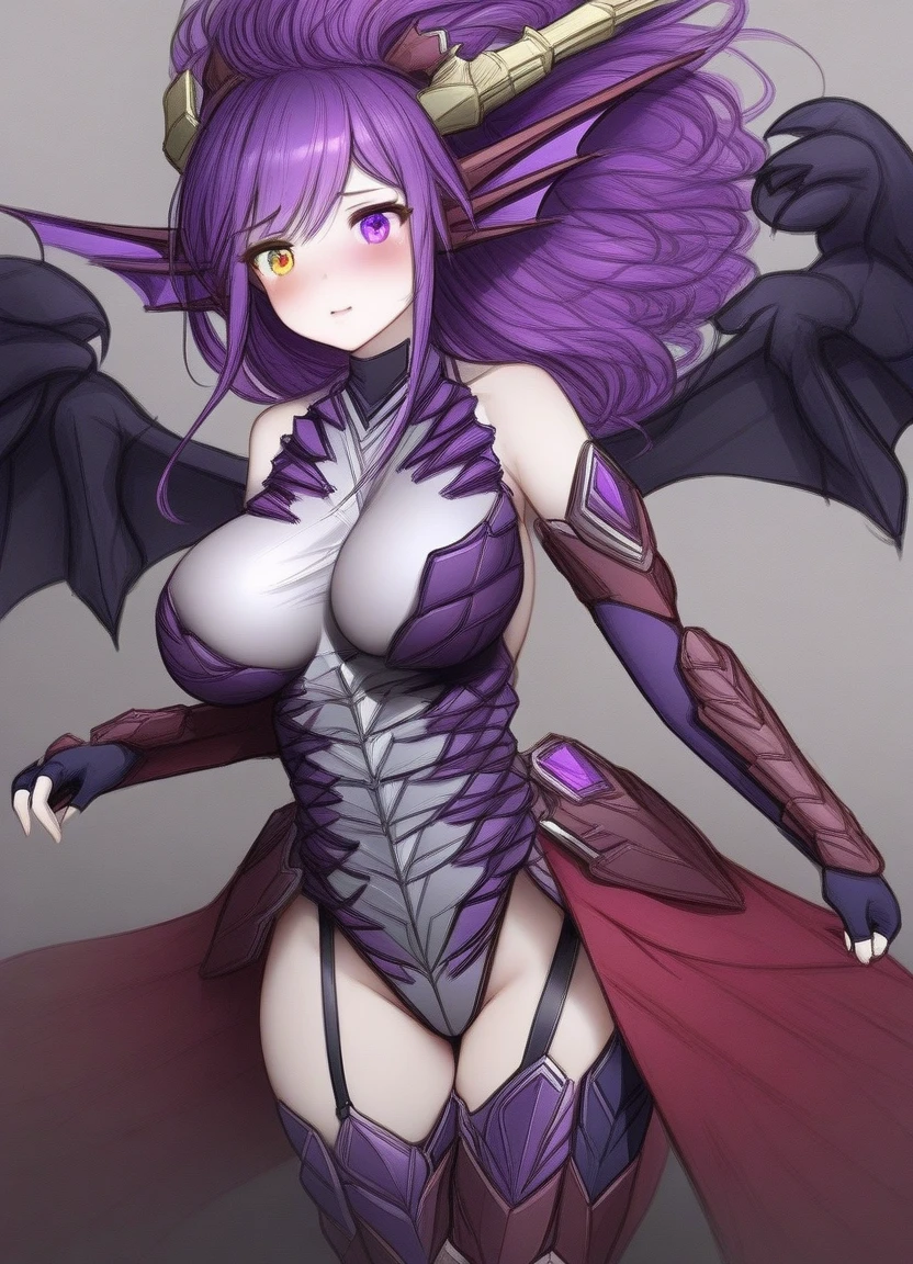 Long purple hair, dragon horns, purple eyes, big breasts, royal sister, armor, leather pants, dragon wings