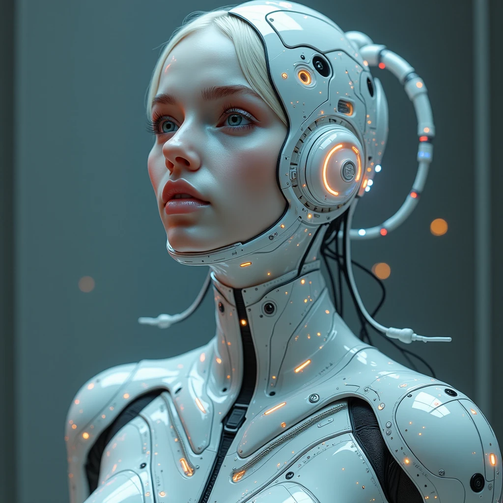 complex 3d render ultra detailed of a beautiful porcelain profile woman android face, cyborg, robotic parts, 150 mm, beautiful studio soft light, rim light, vibrant details, luxurious cyberpunk, lace, hyperrealistic, anatomical, facial muscles, cable electric wires, microchip, elegant, beautiful background, octane render, H. R. Giger style, 8k, best quality, masterpiece, illustration, an extremely delicate and beautiful, extremely detailed ,CG ,unity ,wallpaper, (realistic, photo-realistic:1.37),Amazing, finely detail, masterpiece,best quality,official art, extremely detailed CG unity 8k wallpaper, absurdres, incredibly absurdres,  robot, silver halmet, full body, sitting