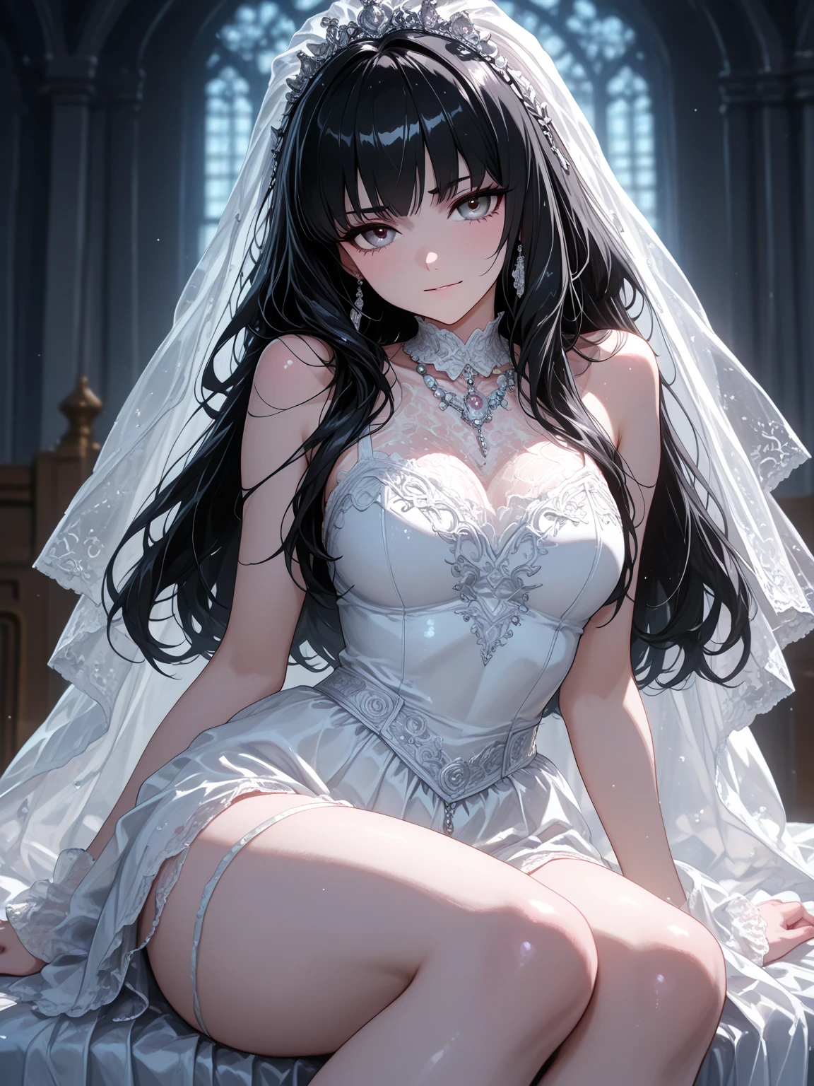 1_girl, solo, Pose: 1girl, masterpiece, highres, sonicedges_rias_gremory  standing with one leg slightly bent at the knee, hands on her waist or one hand on her hip and the other hanging loosely.
Expression: Soft, confident smile with eyes looking into the camera.
Attire: Elegant ((wedding dress, bridal veil, wedding, bouquet))that complements the glamorous setting.
Hair: Styled to cascade over one shoulder, with light waves.
Makeup: Subtle yet elegant, with emphasis on the eyes and lips.
Background: A softly blurred wedding church.
Lighting: Warm, soft lighting that highlights the woman's features and adds a glow to her skin.
Accessories: Minimal, such as a pair of delicate earrings or a simple necklace.
Mood: Elegant, confident, and slightly mysterious.