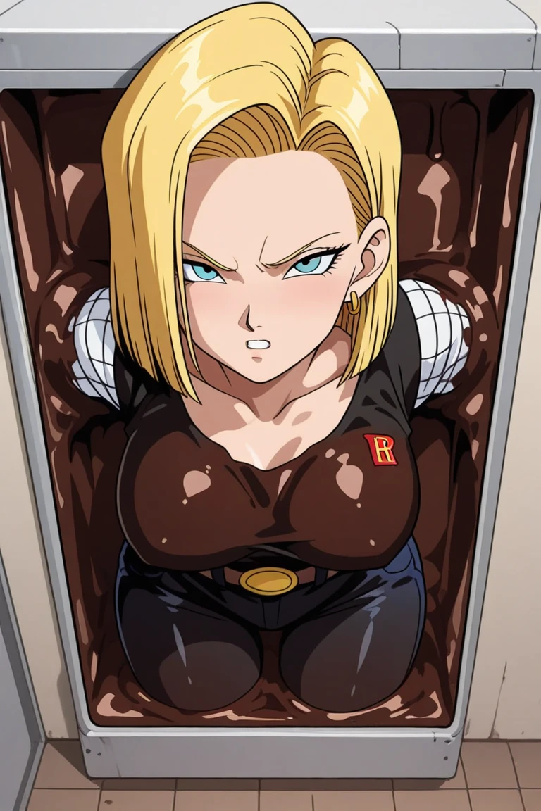 Android 18 from Dragon Ball naked in a laboratory, orders, chained, beaten, frown