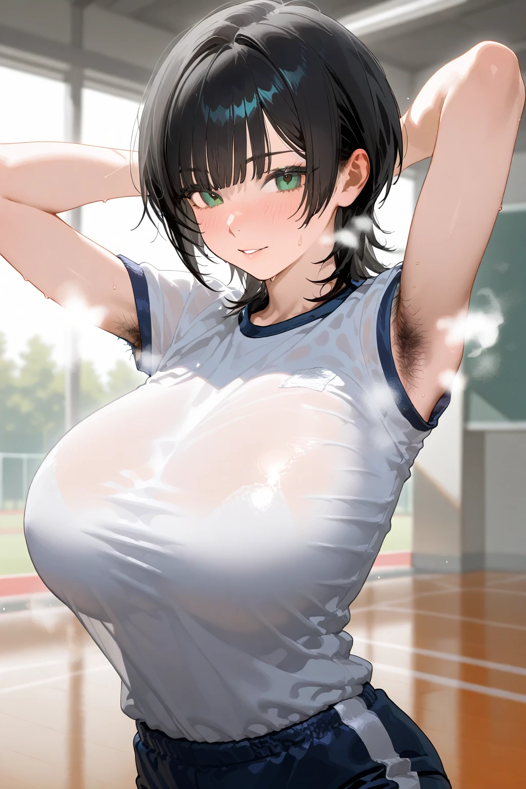 gym uniform, gigantic breasts, white shirt, wet shirt, wet, see-through shirt, no bra, wide hips, :o, running, bouncing breasts, unaligned breasts, motion lines, motion blur, sweat, heavy breathing, mature female, brown hair, hair over shoulder, braid, outdoors, park, shirt tucked in,pinky nipple