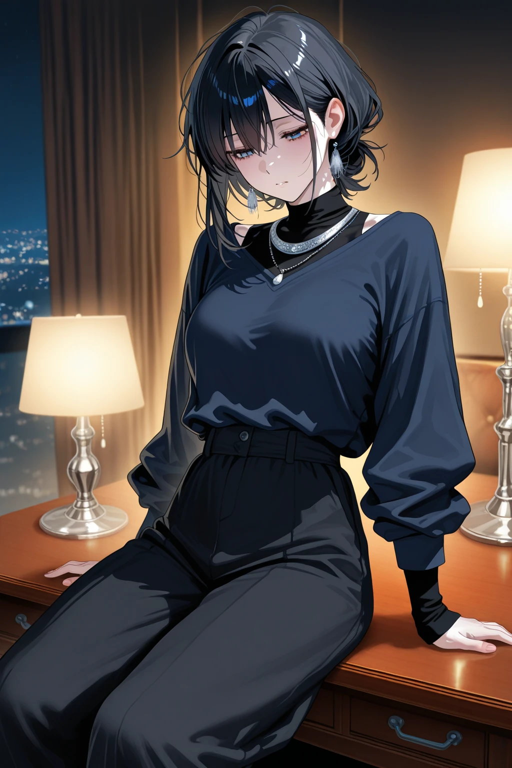 big katana, Black military uniform, Ladies' military vests, whole body, absurdres, RAW photo, extremely delicate and beautiful, masterpiece, Best Quality, ultra high resolution, 32k, hyperrealistic, ultra-detailed, tearful mole, earring, short medium hair, wavy hair, urban backdrop, shorts, midriff,