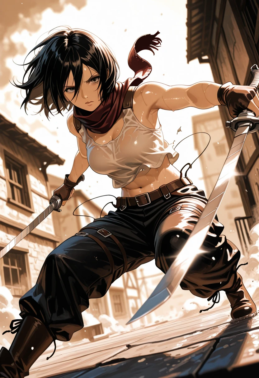 mikasa in attack on titan, anime girl, hot, attack on titan art, bikini, with blade