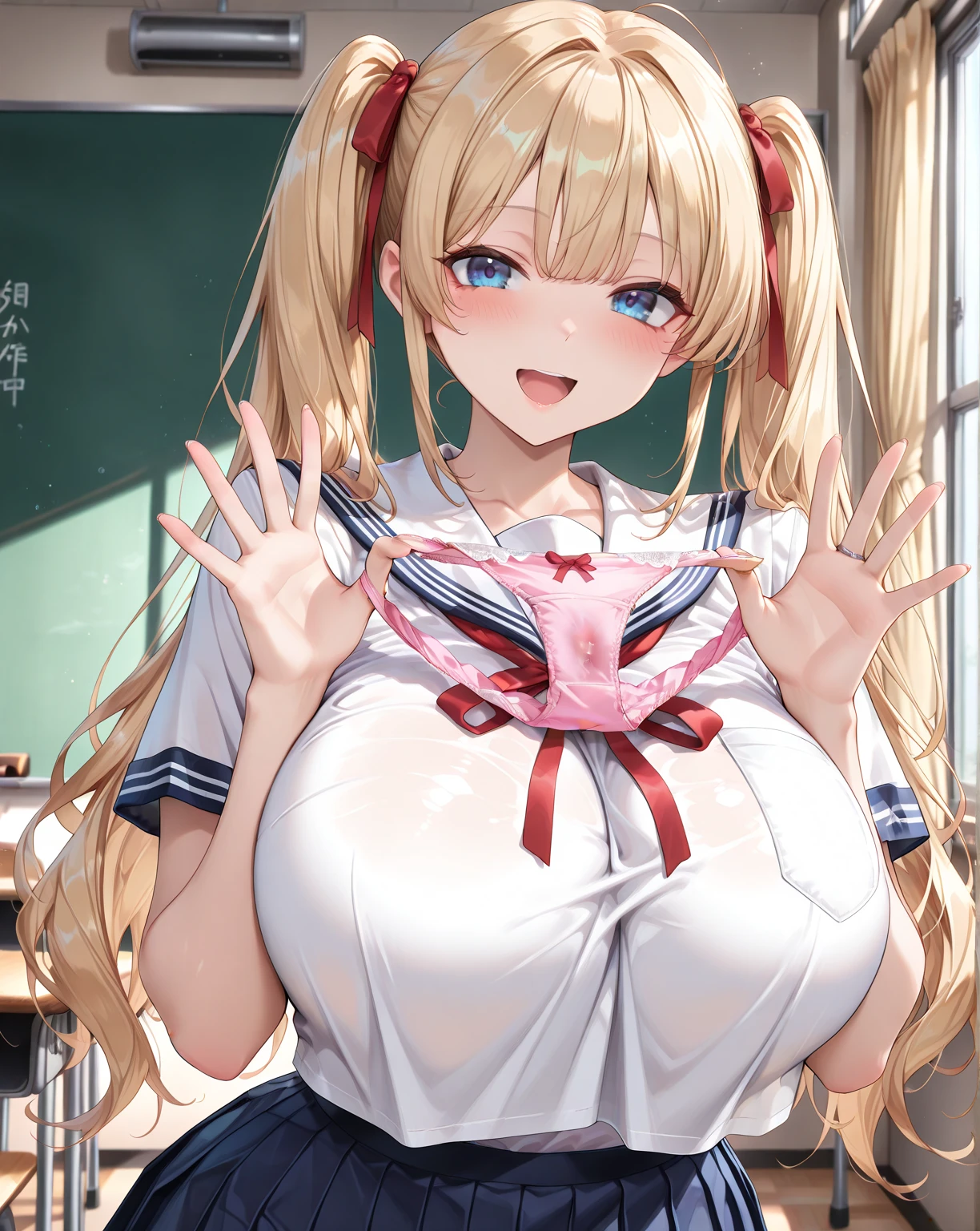 loose school uniform is sheer, button gap,(covered nipples:0.95),breasts,red white gold uniform,(side-tie peek:1.5),(button gap:1.5), white skirt, white top, red ribbon, golden buttons, golden shoulder pats, young adult, 19 years, (embarrassed,blush:1.5),blonde hair,half updo hair, open mouth,brown eyes, beautiful brown eyes, big breast, striking body curves, horny smile, pink lips, tiny girl, cute pose, masterpiece, classroom background, school,(perfect hands,two hand:1.8)