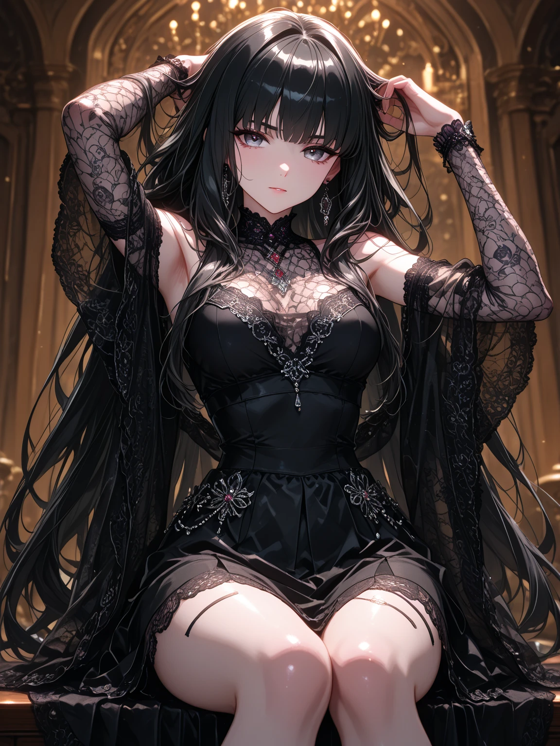 1girl,nordic skin,smile,looking at viewer,half turned,long dark hair,wide blue eyes,small breast,sexy black lace body lingerie,(platform high heel sandal, thin heel, clear material), necklace,snowberg,(ulzzang-6500:1), zoomed out, full body, feet, stockings,