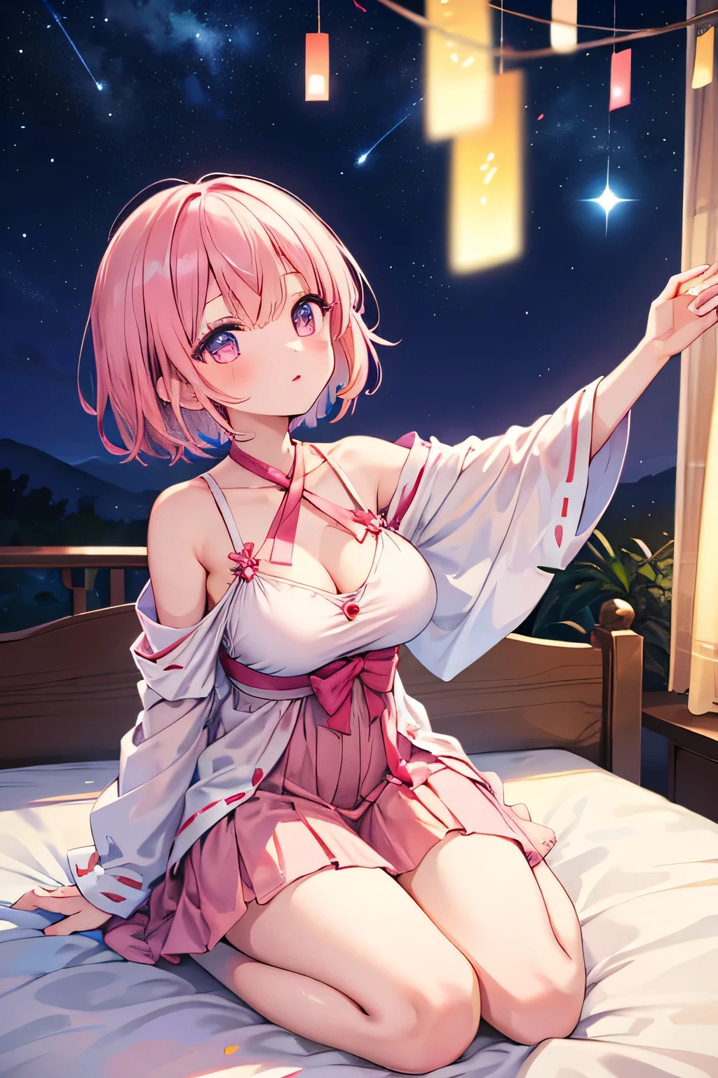 Chinese Ancient Architecture,night chinese background, solo,a girl,170cm height,45CM bust,pink hair,Purple eye,Black underwear,night,gentleness,ssmile, ((black pantyhose)),Indoors,on top of the bed,(((With bare armlack glove,With bare arms,mitsukasa ayase