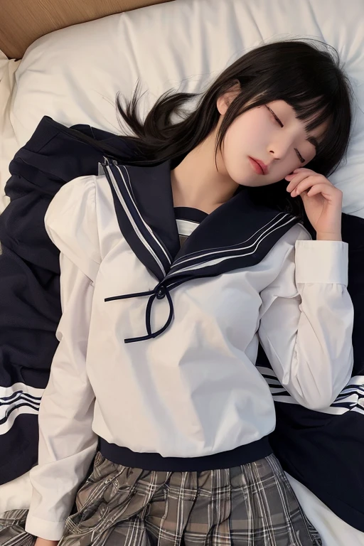 (((perfect anatomy, anatomically correct, super detailed skin))), 1 woman, japanese, shiny skin, detailed hair, detailed face, detailed eyes, (long hair:1.5, brunette hair:1.7), bangs, hair between eye, light brown hair, brown eyes, mole under eye, lip gloss, beautiful body, beautiful breasts, beautiful thighs, beautiful legs, camel toe, ((detailed cloth texture, short sleeves, all dark blue cute sailor suit, dark blue pleated skirt, dark blue sailor collar, ((red sailor scarf)), white socks, brown loafers)), white panties, smile, ((lying down flat on back in bed)), ((close eyes)), sleeping, (8k, top quality, masterpiece​:1.2, extremely detailed), (realistic, photorealistic:1.4), beautiful illustration, natural lighting, knees visible, can see knees, (semen on forehead:1.2), (semen on head:1.6), (semen on thighs:1.8),