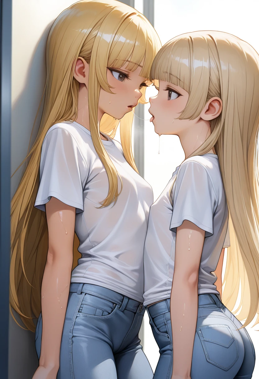 (super flat, flat shading, flat color:1.1), (locker room), 2 girls, Young teen, high school girl, slim, small breasts, blonde hair, white t-shirt, (white panties), hug from behind, passion, like, blush, view from below, (Low - Angle), bright sunshine, best shadows, watercolor,