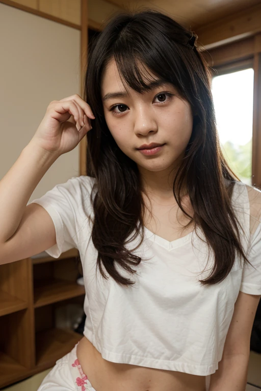 Alafed asian girl sitting on floor in white shirt, Realistic Young Gravure Idol, portrait of a japanese teen, Young Gravure Idol, chiho, Young Pretty Gravure Idol, Young Sensual Gravure Idol, Realistic Young Gravure Idol、White panties、Take a natural pose、hi-school girl、no-makeup, Variety of hairstyles、a baby face、Beautiful Japan Girl, (Photo Real:1.4)、taken with canon 5d mk4, taken with canon eos 5 d mark iv, Shot with Canon EOA 6 D Mark II, Highly detailed facial and skin texture、 Detailed eyes、二重まぶた、ighly detailed, nffsw, unification, 8k wallpaper, finely detail, ​masterpiece, top-quality, knee, appearance々Orientation