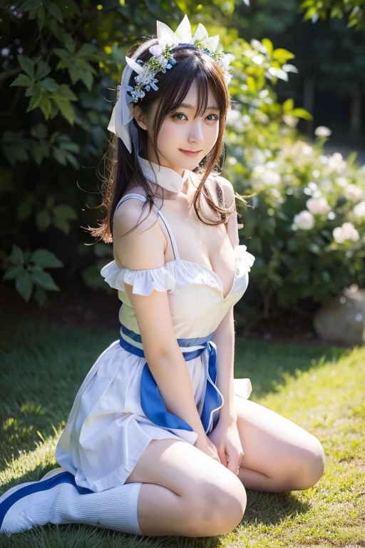 lifelike picture、Realistic garden background with many flowers、japanese young girl、16yearsold、short-hair、has silver hair、Braids、Girls 1 Full Body、small breasts of rounded shape,、、Perfect Body、Beautiful body lines、Japan Cosplayers、Extraordinary、Happy expression、Sweaty skin all over、(Girl wearing cosplay costume with very revealing skin)、Random Poses、Shanghai Alice、Touhou Project、Sixteen Nights、izayoi sakuya、Blue Maid Outfit、Maid headdress、Half-sleeved、ribbons、pinafore、Cosplay hobby、(no-bra)、(No panties)、Exposure disorder、nuda、 Female nudity、Uncensored、Real human breasts、Small nipple rings、mekosji、female pubic-hair、Small buttocks、Sheer visible breasts、Small nipple rings、mekosji、female pubic-hair、Small buttocks、Small nipple ring at the tip of the chest protruding from the cosplay costume、The shape of the mekosuji clearly visible in the crotch protruding from the cosplay costume、Female pubic hair in the crotch protruding from the cosplay costume、、(Angle of view with the viewer looking up at the girl from below)