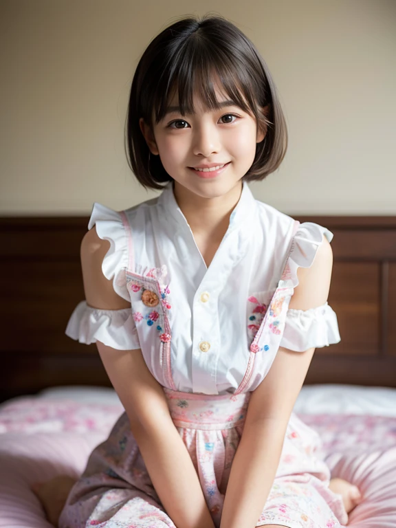 Japanese,6 years old,Baby Face、Ultra-flat chest、Ultra short height、An innocent smile、Flat Chestのクローズアップ、Flat Chest:1.85、cute,Primary school students,Pink  apron、So small and so young、On the bed:1.85、She gives me a good morning kiss:1.85、She spread her arms
