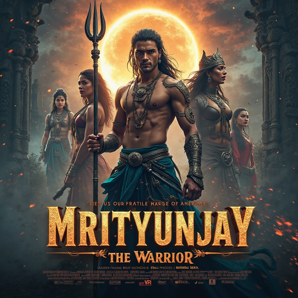 Create a dynamic and intense poster featuring a muscular warrior with a fierce expression, holding a burning torch in his hand. The warrior should have long, wavy hair, a thick beard, and be adorned with tribal jewelry, including a large, rugged necklace. His attire should consist of a sleeveless, rough-textured garment, emphasizing his powerful arms. Surround him with a dark, chaotic background filled with flickering torches, and a crowd of shadowy figures in the distance. The overall color scheme should be warm, dominated by shades of orange and black, creating a fiery, dramatic atmosphere. At the top, include bold, metallic text resembling ancient, weathered stone, with intricate engravings, spelling out 'A.R.M' in large, impactful letters. The mood should be intense and full of action, capturing the essence of a legendary warrior ready for battle."