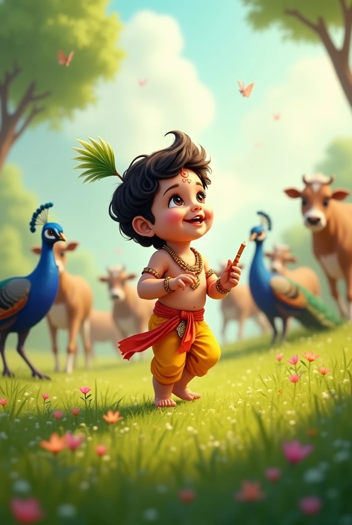 Indian baby girl with chubby cheeks running to catch a hen in green grass