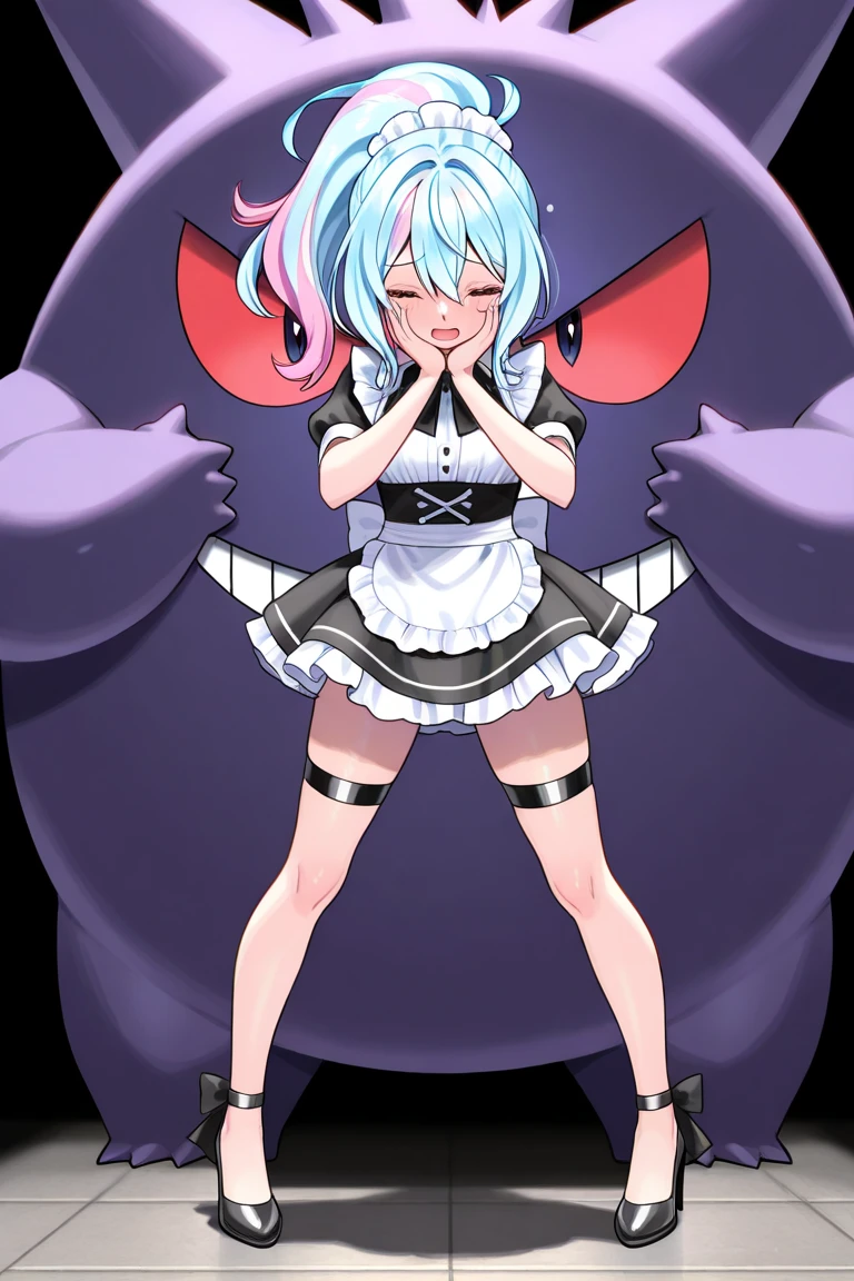 wavy, 1 loli, solo, small breasts, looking at viewer, bare shoulders, open sleeves, hair over one eye, red eyes, side ponytail, a ponytail, loose collar, skull, ((blue skin)), stitches, zombie, striped sleeves, stitched mouth, extremely detailed, highly detailed, perfect face, beauty, perfect eyes ((skeletal arm, vivid tails, big butt, big lips)), baggy eyes, makeup, big eyelashes, cute, adorable , serious, ((leviathan: 1.3)), full body, in lingerie, ecchi anime style, full body art, ecchi style, anime character, kneeling