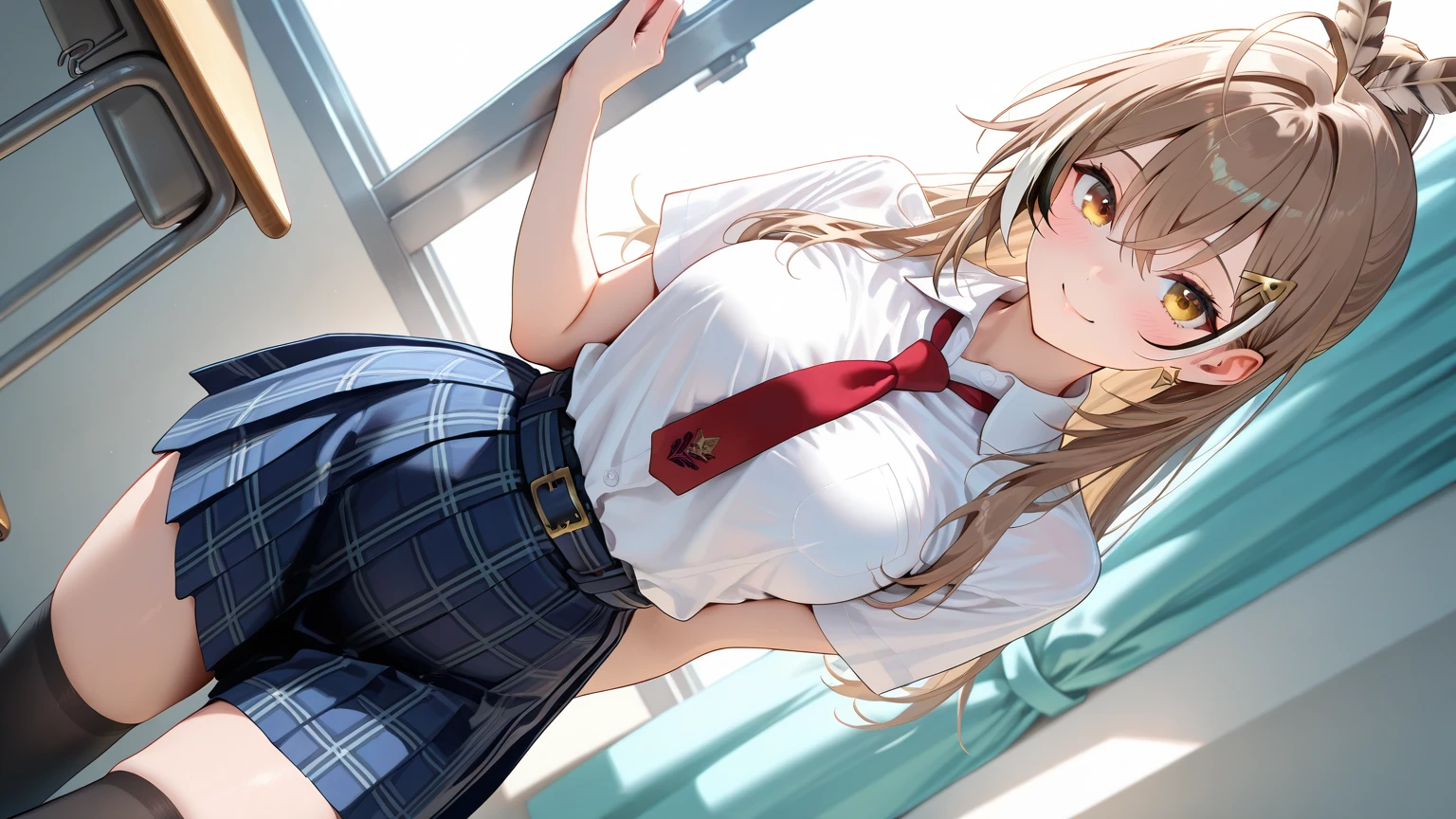 NSFW,4K,Gal:1.3,Anatomically correct,school uniform:1.3,A pure and innocent girl, Very cute face, Like an idol, (masterpiece:1.2), (high quality), panties, loose socks, Hip, Blue Skirt, alone, Blazer Type, loose socks, Lifting clothes, Brown eyes, pure gaze, mini skirt, Lift yourself up, Check skirt, blush,((Mid-chest)), (Sweating profusely), Long Hair, physical education, Beautiful legs, ((in the train))