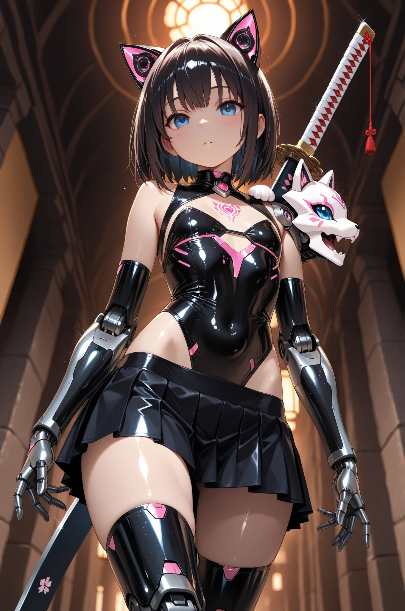 solo girl,Glossy metalic light silver tank top, tight latex shiny, Red interpolation color,Black hair bob,red eyes, camel toe, Samurai Sword,
Lift one leg, sexy lady,, naked girl,
