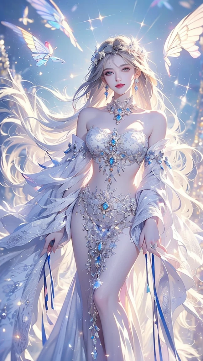 star,（White Hair Girl:1.5）,（（masterpiece））、（detailed：1.4）、((breast enhancement、Upper body photo、Close-up:1.1))、（Backlight）(Night scene、A fantastic atmosphere、Ancient capital、Amazing beauty images,One Woman、white dust、Light and dance-like、Suspended particles), (Black Costume、Feathered Robe with Sleeves、Clothing that widens towards the hem、Exposing shoulders、Off the shoulder)、（Gray hair that changes with light、length, Lustrous gray hair、WHITE hair fluttering in the wind、Beautiful Bangs:1.3）、（Beautiful white and shining skin、Cheek gloss highlight、Sexy and very beautiful and adorable face、The most beautiful face in the world、big, Sparkling blue eyes）、（Cute 25 year old girl、Ample breasts、Great cleavage and a tiny waist、Delicate shoulders、Balanced figure）、Woman in costume on stage、Whole body xylose, flowing robe,Angel&#39;s Feather Robe Wonderful Fantasy, elegant and charming cosplay、ru_qun
