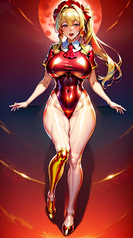 (best quality). (Ultra Detalhado). (1girl), Olhando para o Viewer. (Antecedentes detalhados). belos olhos detalhados. rosto delicado e bonito. (high saturation), seios grandes, droopy breasts, sexy Scarlet Witch costume, full body, long legs, black stockings, big breasts, tiara on a head